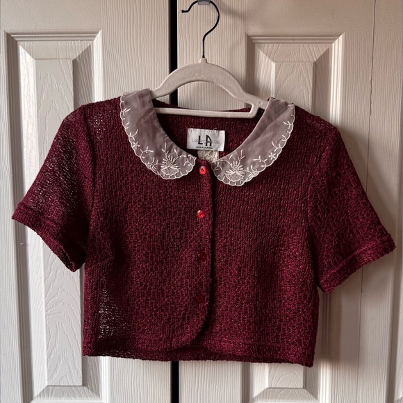 Vintage Coastal Granny Knit Cardigan Burgundy White Mesh and Embroidered Collar - Picture 3 of 11
